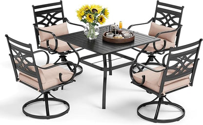 PHI VILLA 5 Pcs Patio Dining Sets,Outdoor Table Chair Set for 4 with Outdoor Swivel Chairs and Metal Frame Steel Square Table,Outdoor Dining Furniture with Cushion and Pillow for Garden Lawn Deck
