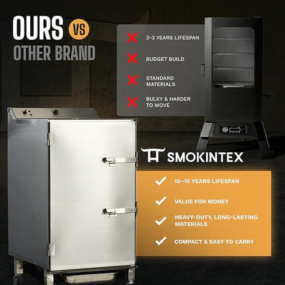 SmokinTex 'The Pitmaster' Series High-Capacity Electric Smoker – 700W Stainless Steel Meat Smoker, Temperature Control for Meat, Seafood, Vegetables, BBQ – Portable with Locking Wheels