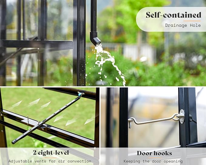 AMERLIFE 14x9.5x9 FT Hybrid Polycarbonate Greenhouse Quick Connector Fast Assembly, Swing 2 Doors Clear Panels, Walk-in Large Aluminum Greenhouse for Outdoors, Black