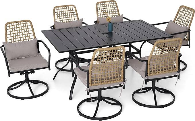 7-Piece Outdoor Patio Dining Set, 6 Wicker Swivel Rattan Chairs with Gray Cushions ＆63''Rectangular Outdoor Table with All Weather Frame Furniture Set