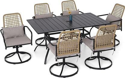 7-Piece Outdoor Patio Dining Set, 6 Wicker Swivel Rattan Chairs with Gray Cushions ＆63''Rectangular Outdoor Table with All Weather Frame Furniture Set
