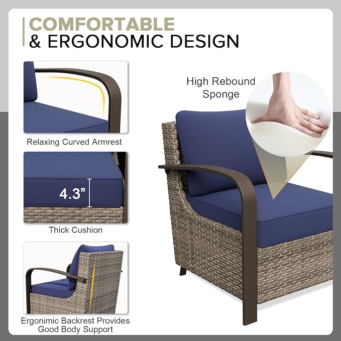COOS BAY Aurora Terrace Outdoor Chairs with Cushions, Wicker Dining Set with Deep 4-Inch Seating, Modern Curved Armrest Porch Chairs, Set of 1, Beige/Blue