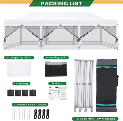 COBIZI 10x30 Heavy Duty Pop Up Canopy with 8 Sidewalls, Commercial Gazebo Party Tent with Mosquito Netting Wall Easy Set Up Outdoor Instant Screen Tent for Backyard, Patio, Garden, White