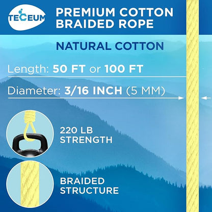 TECEUM Cotton Rope 3/16” (5 mm) – 100 FT – Strong All-Purpose Braided Rope – Natural Cotton – for Crafting, Сamping, Clothes Line, DIY, Indoor & Outdoor Use – Pastel Yellow
