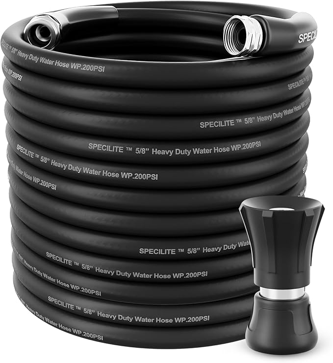 SPECILITE 5/8" Hot/Cold Water Hose 150 ft with High Flow Nozzle,Heavy Duty Flexible Rubber Garden Hose -50℉ to 158℉ With 3/4" Stainless Steel Fittings for Yard, Outdoor, Farm, Lightweight, Black