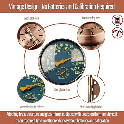 4 Inch Brass Outdoor Thermometer - Analog Temperature Gauge for Patio, Greenhouse and Garage