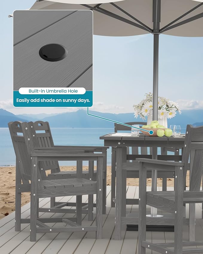 Ciokea HDPE Outdoor Dining Set 7-Piece Patio Table and Chairs with Umbrella Hole, All-Weather Patio Dining Set for 6, Durable Patio Furniture Set for Backyard, Garden, Lawn & Poolside, Grey