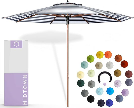 Midtown Umbrellas The Wooden 9 Feet Patio Umbrella With Terylast Navy Stripes (Navy/White Stripes) Polyester Fabric - Aluminum Frame Market Umbrella For Backyard, Deck, Garden, Pool - Wooden Pole