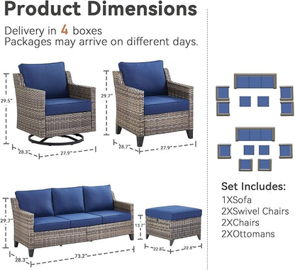Patio Furniture Set, 7 Pieces Outdoor Wicker Rattan Sofa Couch with Swivel Rocking Chair, Ottomans and Comfy Cushions, All Weather Outdoor Conversation Sets, Suit for Porch Deck