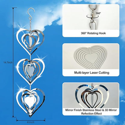DELAVIDA Stainless Steel Bird Scare Devices, 3D Wind Spinners Outdoor, 9 Discs Set, Reflective Decor to Keep Swallow Pigeon Sparrow Away from House Patio Garden (Heart)