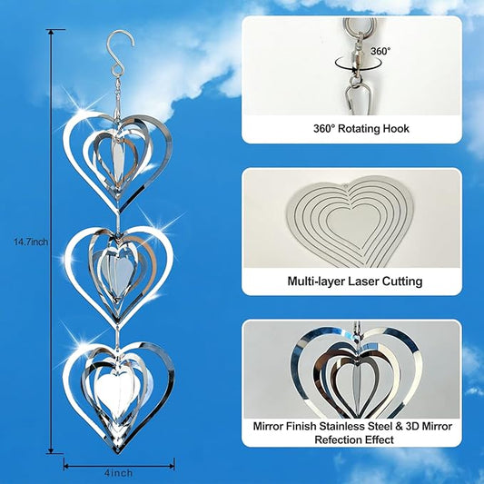 DELAVIDA Stainless Steel Bird Scare Devices, 3D Wind Spinners Outdoor, 9 Discs Set, Reflective Decor to Keep Swallow Pigeon Sparrow Away from House Patio Garden (Heart)