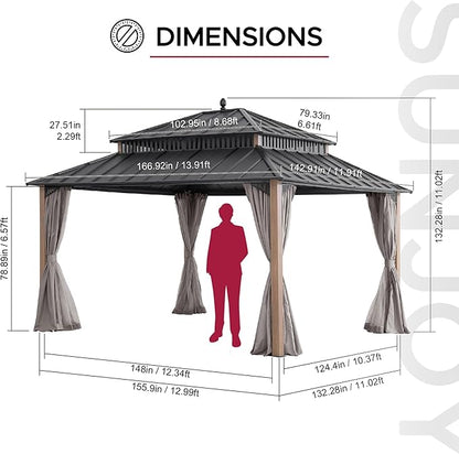 SUNJOY Kingston 14' x 12' Hardtop Gazebo with Galvanized Steel Double Roof, Curtain and Netting, Woodgrain Finish Aluminum Posts Permanent Pavilion Gazebo for Garden, Patio, Deck, Lawn