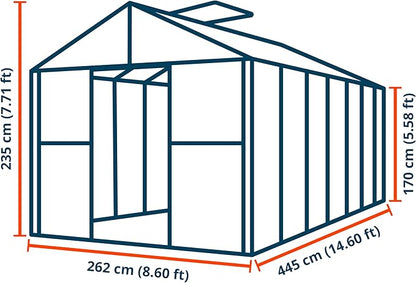 Greenhouse Rubin 7 Aluminum Frame 8.6 x 14.6 ft with Approx. 10 mm Polycarbonate Panels - with 2 Extra Skylights and 4 Automatic Window Openers