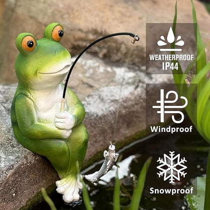 Frog Fishing Statue Garden Decor – 9.8" Weatherproof Resin Frog Fishing Sculpture Decor for Fish Ponds, Koi Ponds, Waterfalls, Poolside & Outdoor Gardens– Resin Figurine for Indoor & Outdoor Décor