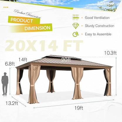MELLCOM 14'x20' Hardtop Gazebo, Wood Grain Aluminum Frame Pergola with Galvanized Steel Roof, Outdoor Metal Gazebos with Curtains and Nettings for Patio, Backyard, Deck and Lawns