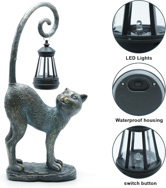 Solar Cat Outdoor Statues Halloween for Garden: Outdoor Decor Cat Figurine for Yard, Lawn, Patio, Porch, Balcony - Animal Art for Home Backyard - Birthday Gifts for Women Grandma Mom Sister