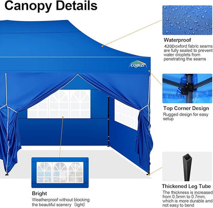 COBIZI 10x20 Pop up Canopy Tent 10x20 Canopy with 6 Sidewalls Waterproof Heavy Duty Commercial Canopy Tent for Parties Outdoor Garden Gazebo, Carry Bag with Wheel(10x20ft, Blue)