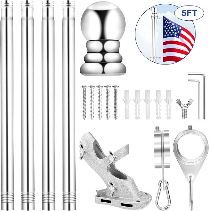 REERON House Flag Pole Kit, 5 FT Metal Spinning Flag Poles Kit, 1" Tangle Free Stainless Steel Flagpole with 360° Flagpole Rings & 2-Position Bracket for Outside House Porch Wall Mount for 3x5 Flag