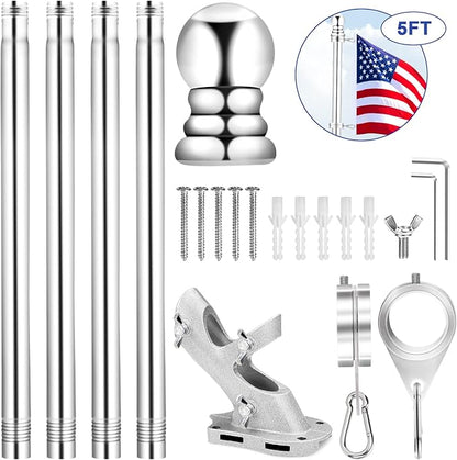 REERON House Flag Pole Kit, 5 FT Metal Spinning Flag Poles Kit, 1" Tangle Free Stainless Steel Flagpole with 360° Flagpole Rings & 2-Position Bracket for Outside House Porch Wall Mount for 3x5 Flag