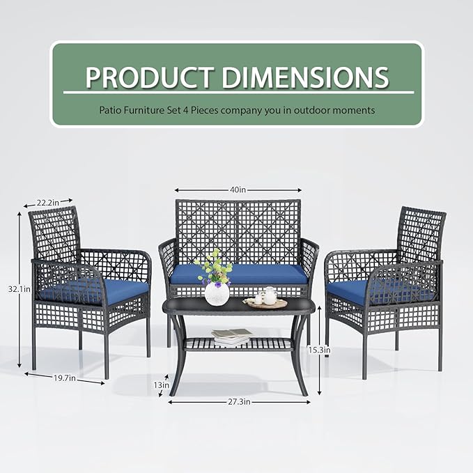 4-Piece Patio Furniture Set, Weather-Resistant Rattan Patio Conversation Set with Two-Tier Coffee Table, Upholstered Openwork Wicker Furniture for Porch, Garden, Lawn, Blue