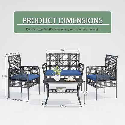 4-Piece Patio Furniture Set, Weather-Resistant Rattan Patio Conversation Set with Two-Tier Coffee Table, Upholstered Openwork Wicker Furniture for Porch, Garden, Lawn, Blue
