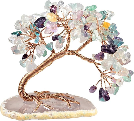 TUMBEELLUWA Reiki Crystal Money Tree with Agate Slice Base Feng Shui Stone Bonsai Tree Figure Decor for Happiness Good Luck and Wealth, Fluorite