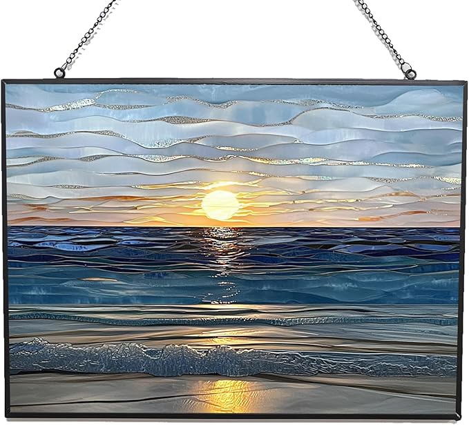 Rectangle Sun Set Beach Stained Glass Window Hanging Sun Catchers Indoor Window Decor, Stained Glass Suncatcher Gifts for Women, Christmas