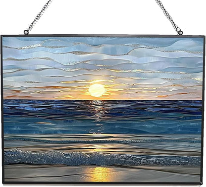 Rectangle Sun Set Beach Stained Glass Window Hanging Sun Catchers Indoor Window Decor, Stained Glass Suncatcher Gifts for Women, Christmas