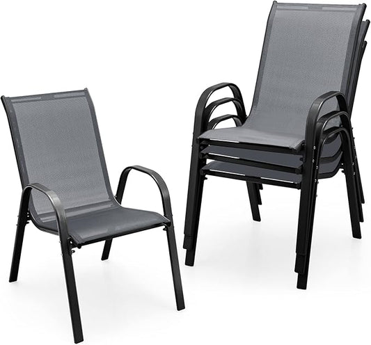 Tangkula Patio Dining Chairs Set of 4, Outdoor Stackable All Weather Heavy Duty Dining Chairs Set with Armrests, Support 330 LBS, for Poolside, Backyard, Garden, Deck, Front Porch (Grey)