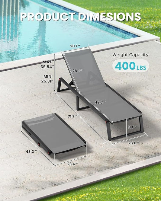 Aluminum Patio Chaise Lounge Set of 2 with 1 Side Table, Foldable Outdoor Pool Lounge Chairs 5-Position Recliner for Outside Poolside, Fully grounded legs Sun Lounger for Beach, Yard, Dark Gray