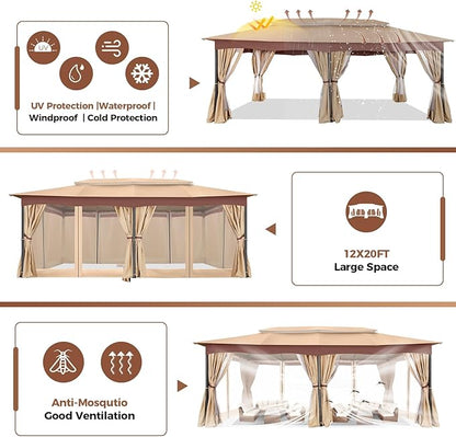 COBIZI Gazebo 12x20 Heavy Duty Gazebos with Curtain and Netting Outdoor Gazebo Canopy Double Roof Patio Gazebos with Metal Steel Frame for Patio, Deck, Backyard (Khaki)