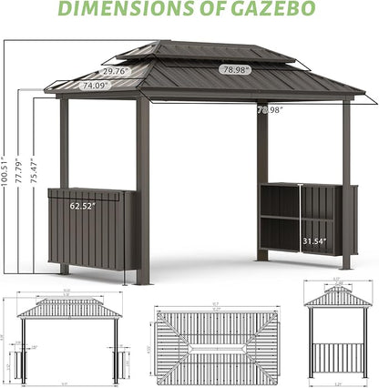 Domi 6x10FT Hardtop Grill Gazebo, Outdoor Metal BBQ Gazebo with Galvanized Steel Double Roof, 2 Double-Layer Storage Cabinets and Ceiling Hooks, Permanent Grill Canopy for Patio Backyard Garden,Brown