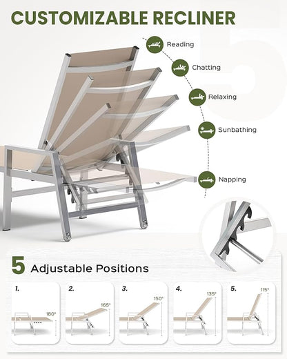 Patio Chaise Lounge Chair Outdoor with Wheels&Armrests, Aluminum Pool Lounge Chairs Set of 2 Five-Position Adjustable Recliner, Outdoor Beach Lounge Chairs for Poolside, Patio, Deck, Yard, Khaki