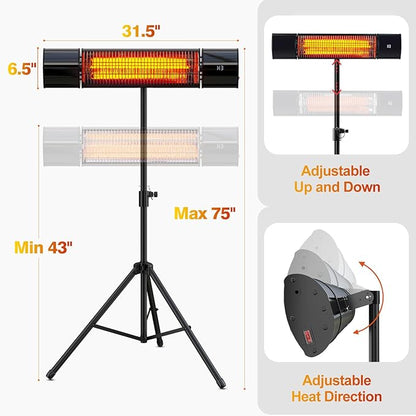 Outdoot Electric Heater, Electric Patio Heater for Outdoor/Indoor Use, Wall Mounted Or Tripod Infrared Garage Heater, 1500W, Remote Control, Black