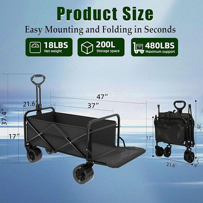 Collapsible Wagon Cart Foldable with Tailgate, 47" L 480lbs Capacity, Heavy Duty Beach Wagon with Wheels Brake, Shopping Carts for Grocery, Camping, Beach, Garden Cart