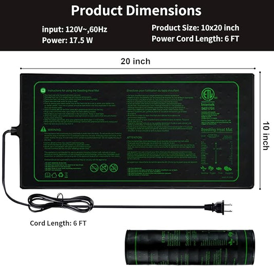 Upgrade 20" x 10" Durable Waterproof Seedling Heat Mat with ETL Certified, Warm Hydroponic Heating Pad for Germination,Indoor Plant Gardening and Cutting, Brewing and Seed Starting Greenhouse