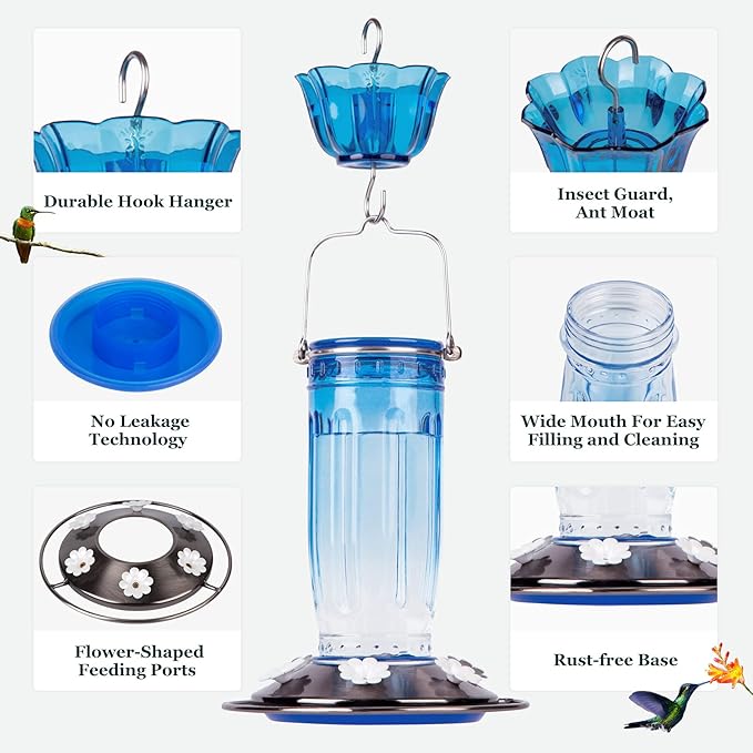 Kingsyard Glass Hummingbird Feeder for Outdoors Wild Bird Feeder with 6 Feeding Ports Hanging for Garden Yard, Blue (Ant Moat Included)