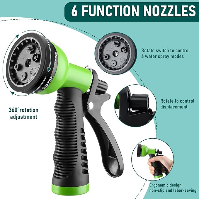 Pangda 25 Ft x 3/8'' Coil Garden Hose EVA Recoil Garden Self Coiling Expanding Water Hose with 6 Function Spray Nozzle Universal 3/4'' Brass Connector Fitting for Outdoor Yard(Green)