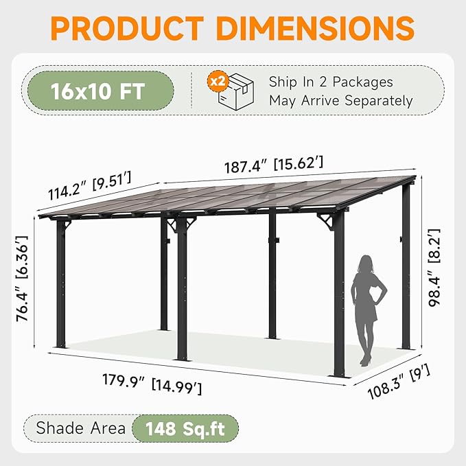 10x16FT Lean to Gazebo, Hardtop Metal Pergola with Polycarbonate Roof, Large Wall Mounted Heavy Duty Awnings, Patio Canopy for Backyard, Deck, Porch