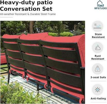 MFSTUDIO 4 Pieces Patio Conversation Set, 5 Seats Metal Patio Furniture Sets with 1 x 3-Seat Sofa, 2 Single Chairs,1 Coffee Table, All Weather Steel Patio Sets with 5.75inch Red Cushion for Garden