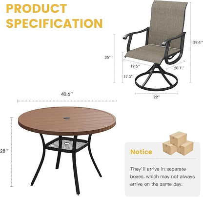 VICLLAX Patio Dining Set for 4, 5 Pieces Outdoor Furniture Includes 40.6" Round Patio Table with Umbrella Hole and 4 Outdoor Swivel Chairs for Lawn Garden, Walnut Tabletop and Mixed Brown Fabric