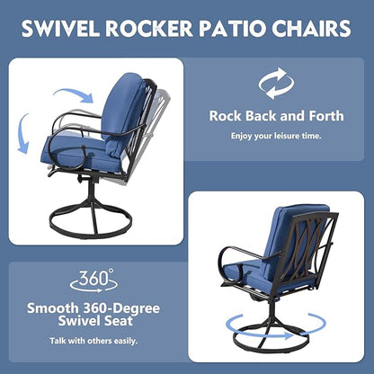MELLCOM Patio Swivel Chair Set of 2, Outdoor Dining Chairs with Thickened Cushions, Metal Patio Chairs Gentle Rocker for Outside, Garden Lawn & Porch, Blue