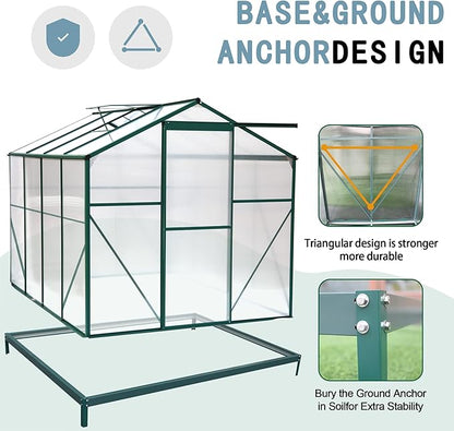 6x8 FT Greenhouses for Outdoor,Heavy Duty Polycarbonate Greenhouse, Walk-in Garden Green House with Base and Ventilation Window for Outside, Backyard,Green