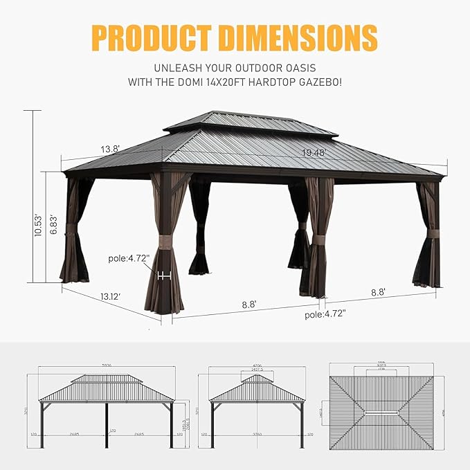 Domi 14' X 20' Hardtop Gazebo Large Outdoor Metal Gazebo with Galvanized Steel Double Roof Canopy, Aluminum Frame, Curtains and Netting for Patio, Deck, Garden, Brown