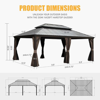 Domi 14' X 20' Hardtop Gazebo Large Outdoor Metal Gazebo with Galvanized Steel Double Roof Canopy, Aluminum Frame, Curtains and Netting for Patio, Deck, Garden, Brown