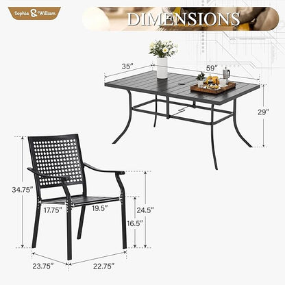 Sophia & William Patio Table and Chairs Set, Outdoor Dining Set for 6, 7 Piece Metal Patio Furniture, 60" Black Rectangular Table(Beehive)
