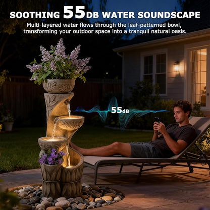 4 Tiered Water Fountain Outdoor, 35.6" Tall Cascading Bowl Leaf Carved Outdoor Waterfall Fountains Modern Water Feature with Dual Planters for Garden, Patio,Deck, Yard, Indoor Decor