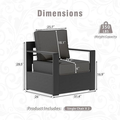 3 PCS Aluminum Patio Conversation Set - Outdoor 3-Seater Sofa, 2 Fixed Chair with 6" Thick Water-insistant Cushions, All-Weather Use Frame, Removable Cover, Ideal for Garden, Poolside (Grey)