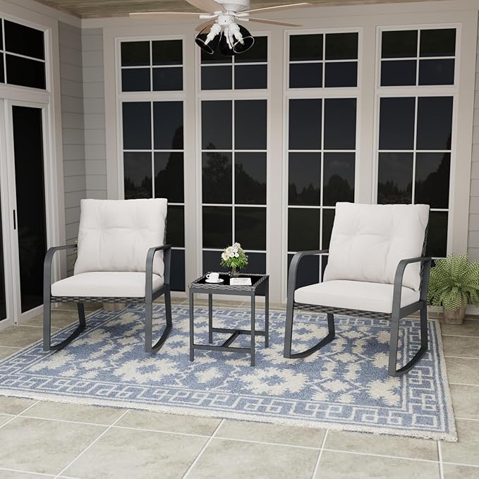 Bistro 3 Piece Patio Furniture Set, Patio Table and Rattan Outdoor Rocking Chairs Set of 2, Outdoor Bistro Conversation Set for, Garden, Balcony, Poolside, Backyard, Beige