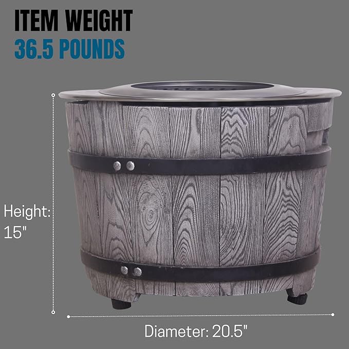 Afterglow Smokeless Fire Pit, 20.5" Round Wood Burning Stainless Steel Top and TerraFab Material Base,Firepit with Weather Cover Perfect for Outdoor Patio Garden, Wood Grain Gray